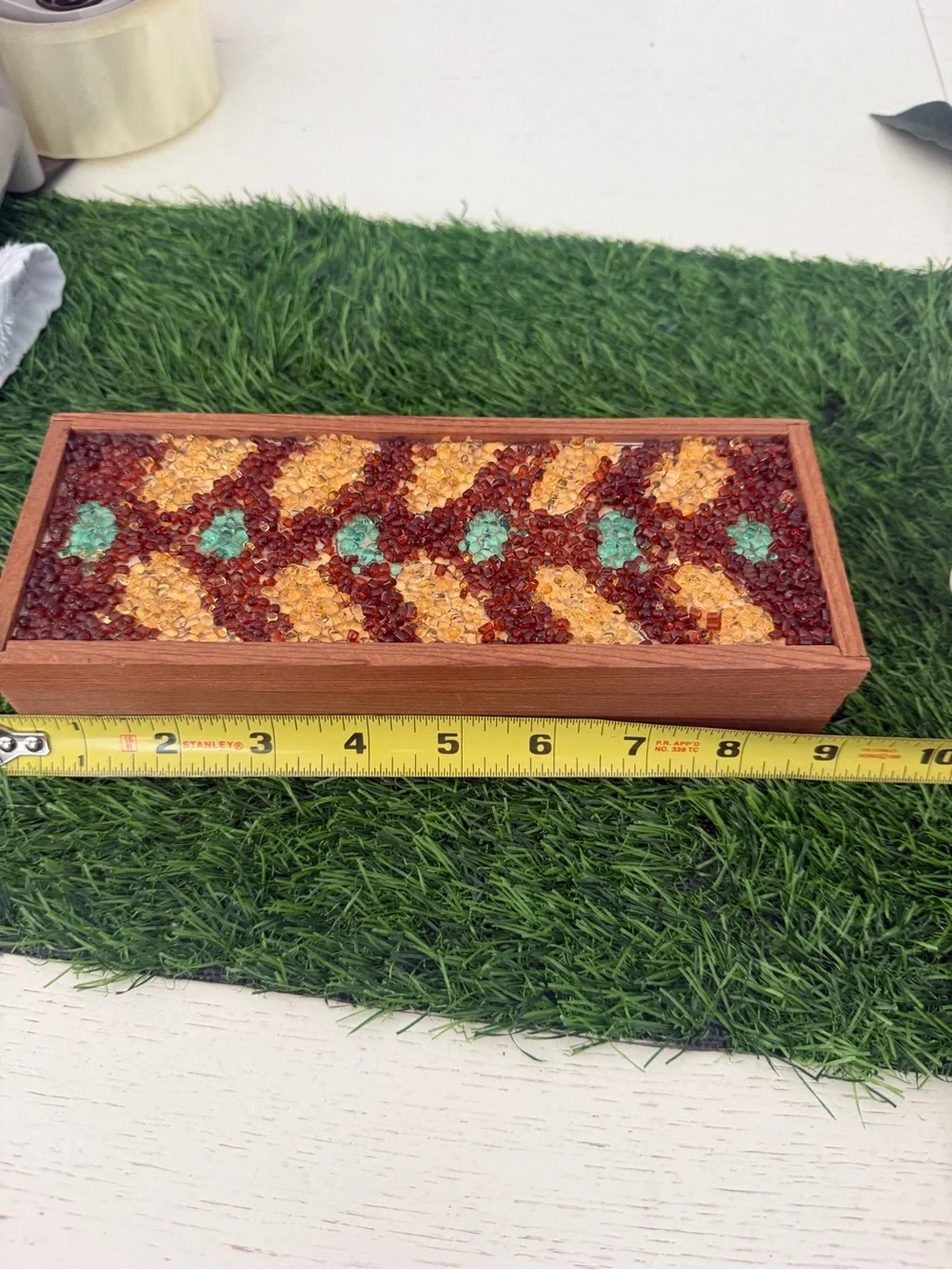 Vintage Beaded Mosaic Wood Trinket Box  in Browns & Turquoise Color